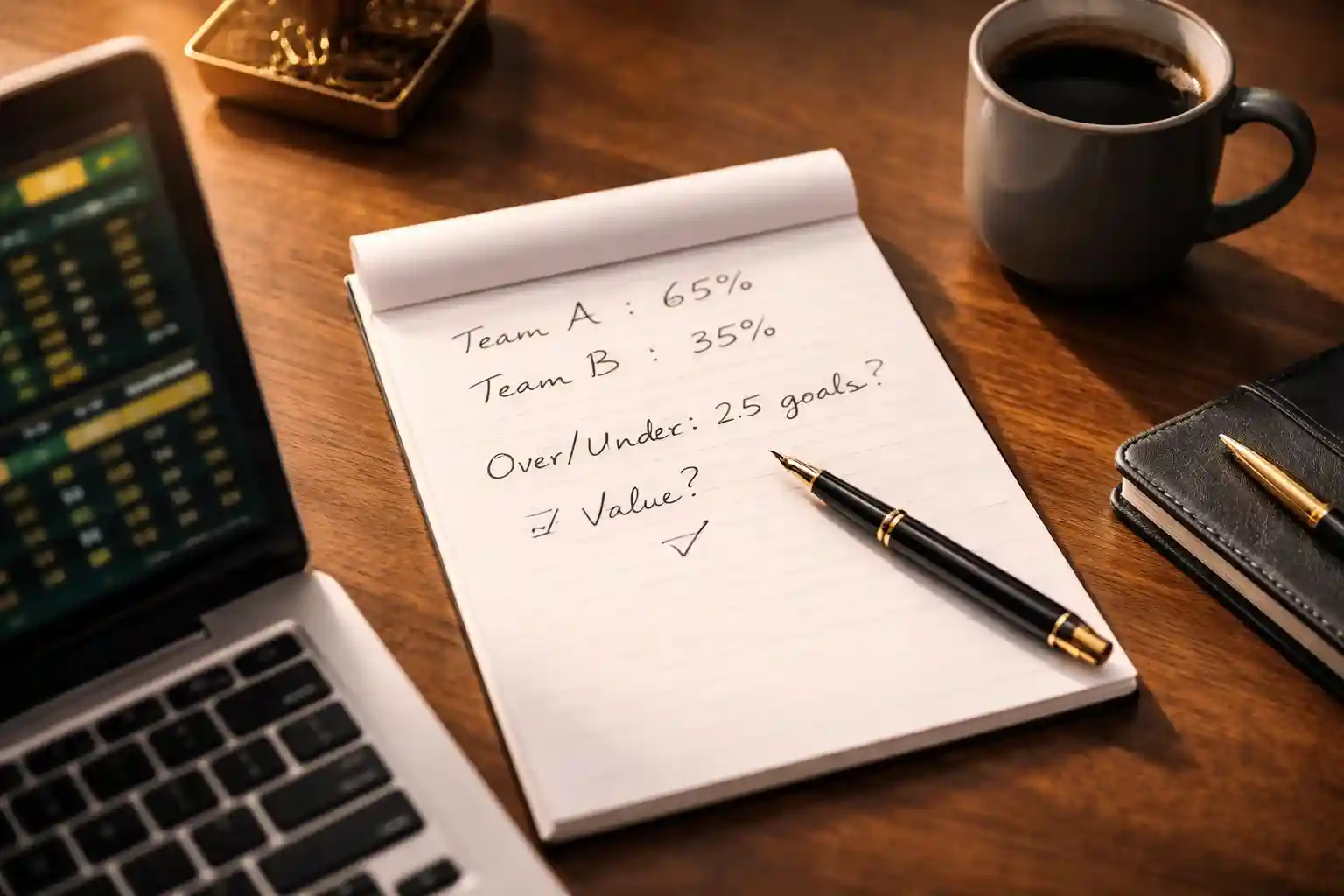 Área de trabalho organizada com caderno de anotações mostrando cálculos de probabilidades